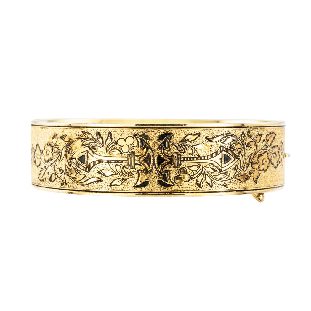 Victorian black enamel and gold filled hinged bangle bracelet circa 1900. *  Clear and concise information you want to know is listed below.  Contact us right away if you have additional questions.  We are here to connect you with beautiful and