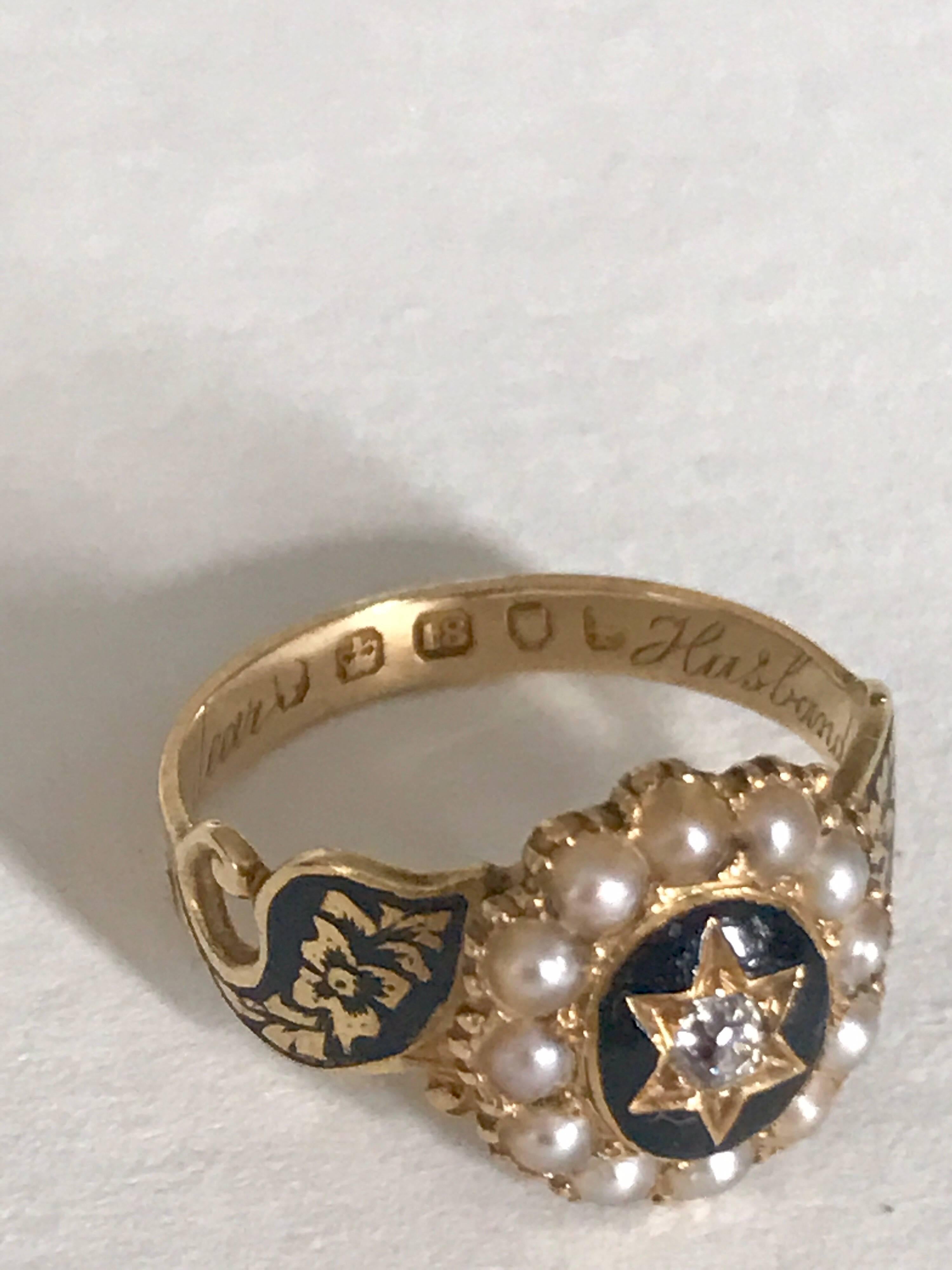 Old European Cut Victorian Black Enamel Pearl Diamond Memorial Ring For Sale