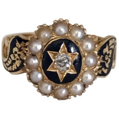 Victorian Black Enamel Pearl Diamond Memorial Ring