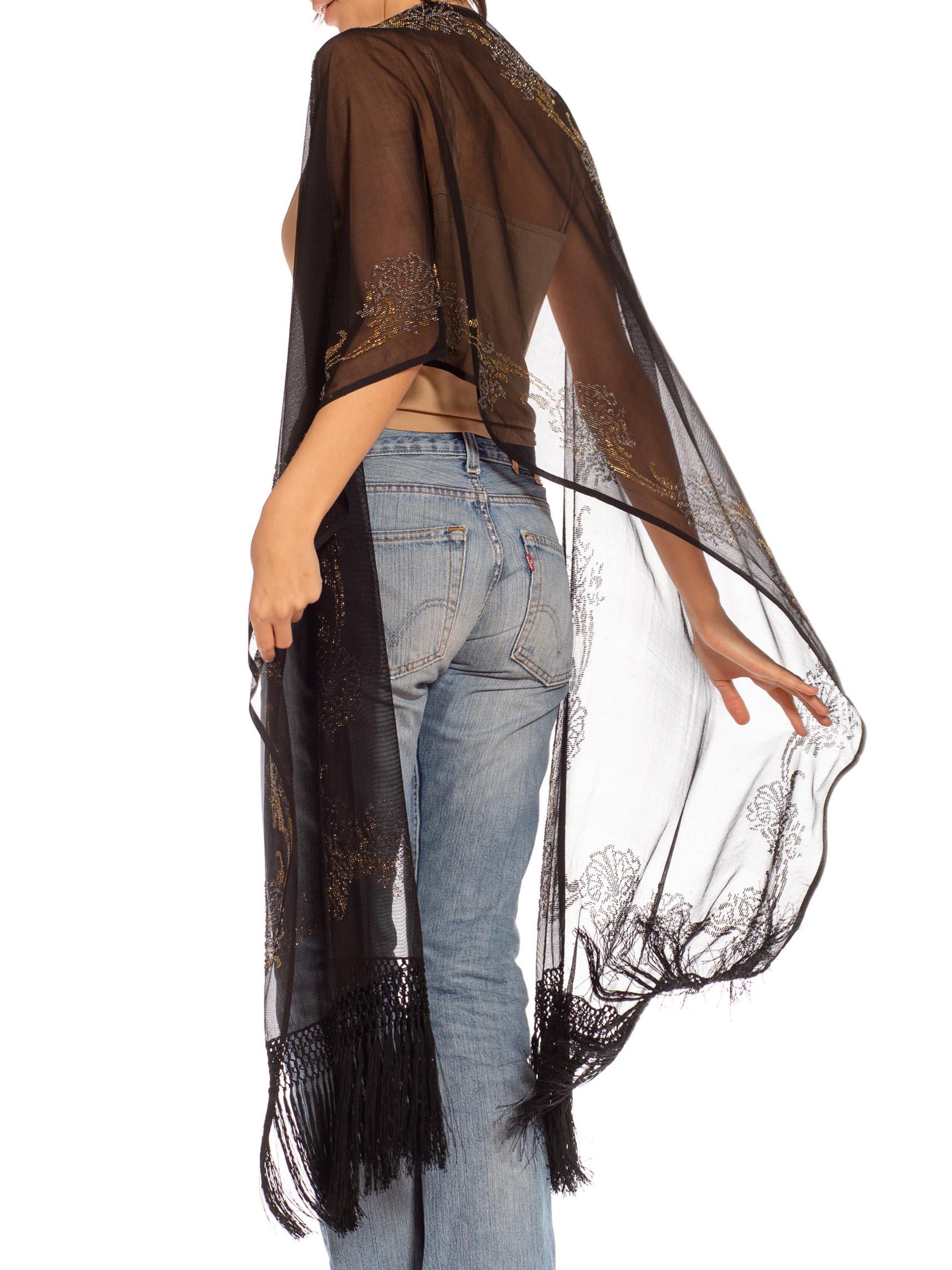Victorian Black & Gold Silk Shawl With Beads Woven Into Fabric 2