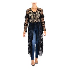 Victorian Black Hand Crochet Linen & Cotton Antique Lace Long Duster With Knotw