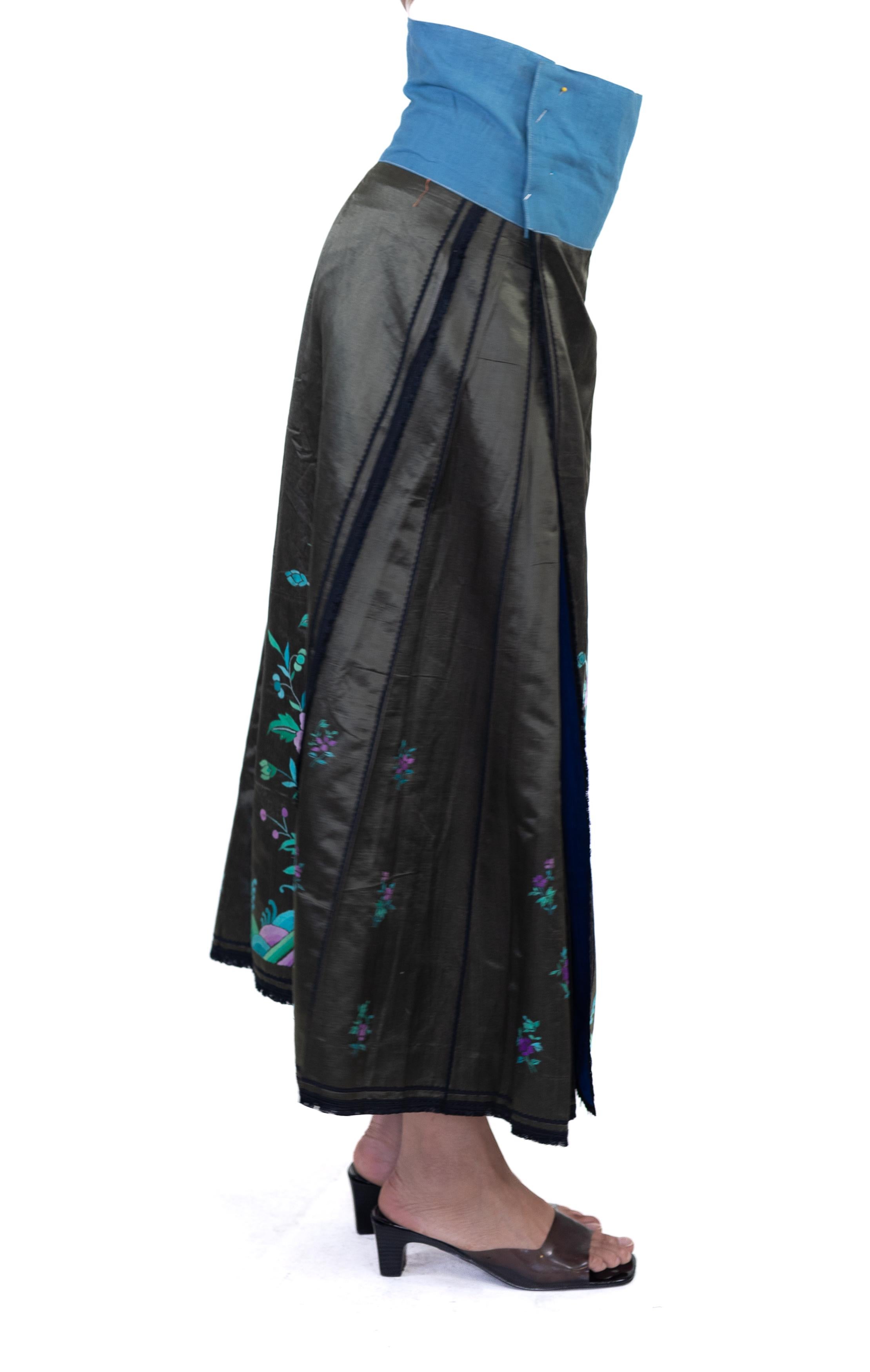 this is a wrap skirt, the measurements are the full fabric length. made to be secured with a sash or tie.  Victorian Black Hand Embroidered Silk Antique Chinese Wrap Skirt 