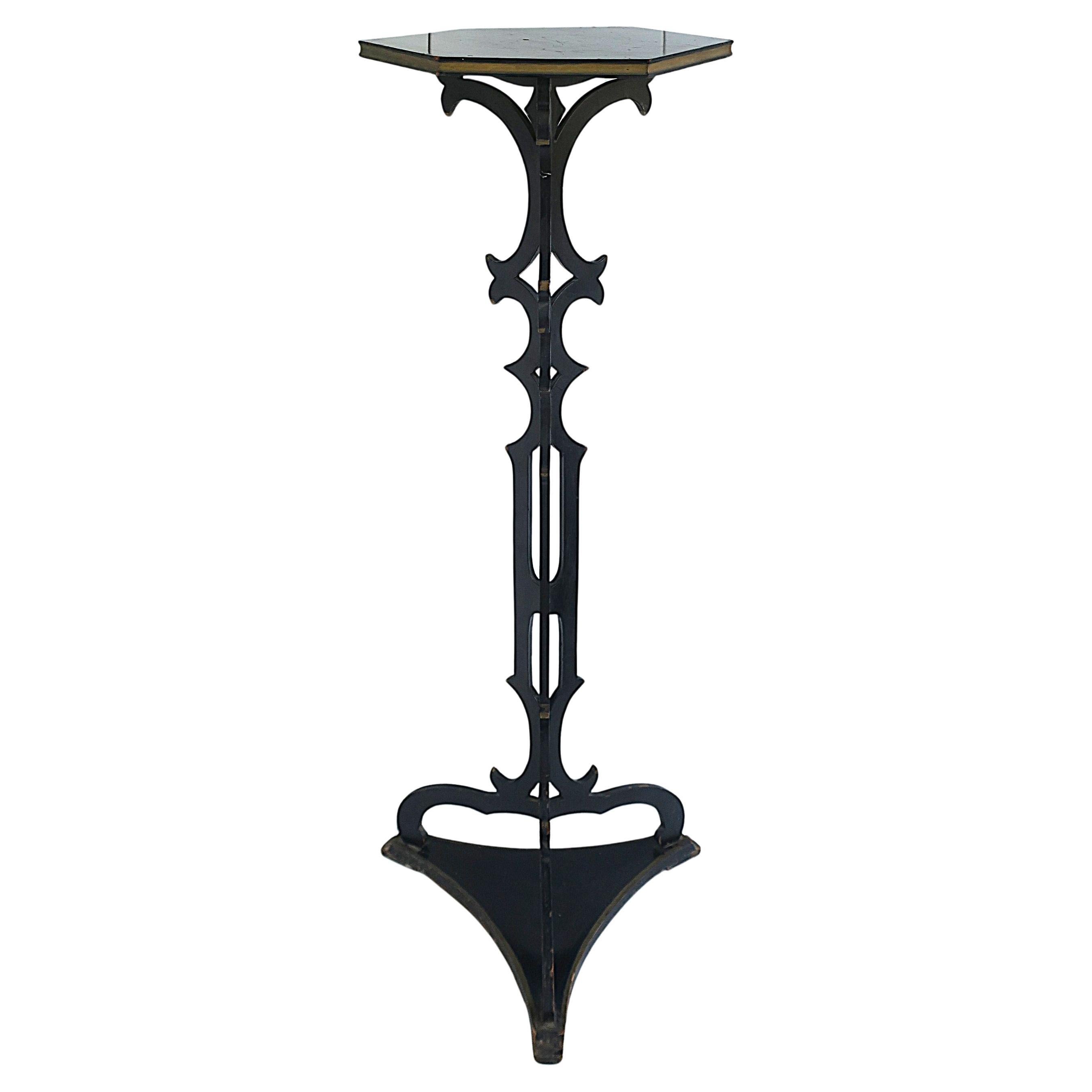 Victorian Black Lacquer Column Pedestal Plant Stand, Tall