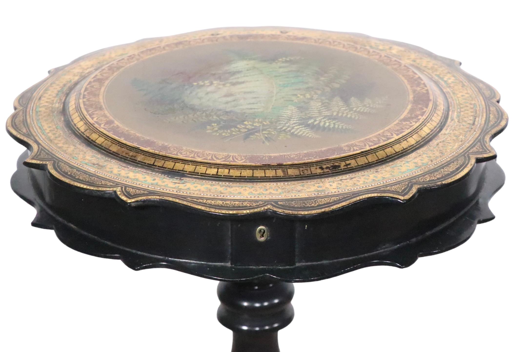 Victorian Black Lacquer Paint Decorated Sewing Stand 19th C.  For Sale 5