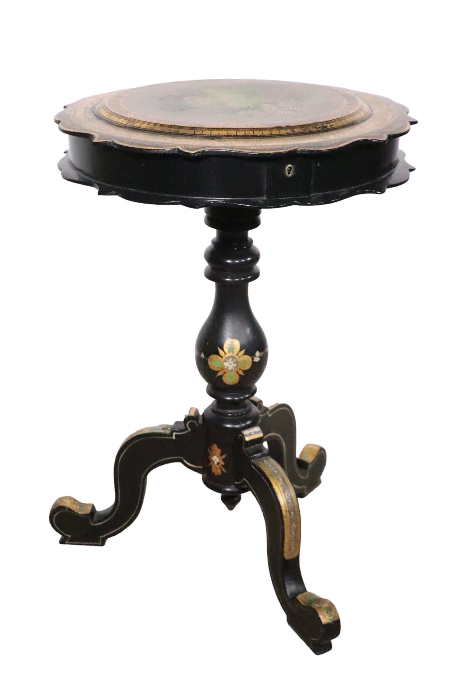 Victorian Black Lacquer Paint Decorated Sewing Stand 19th C.  For Sale 6
