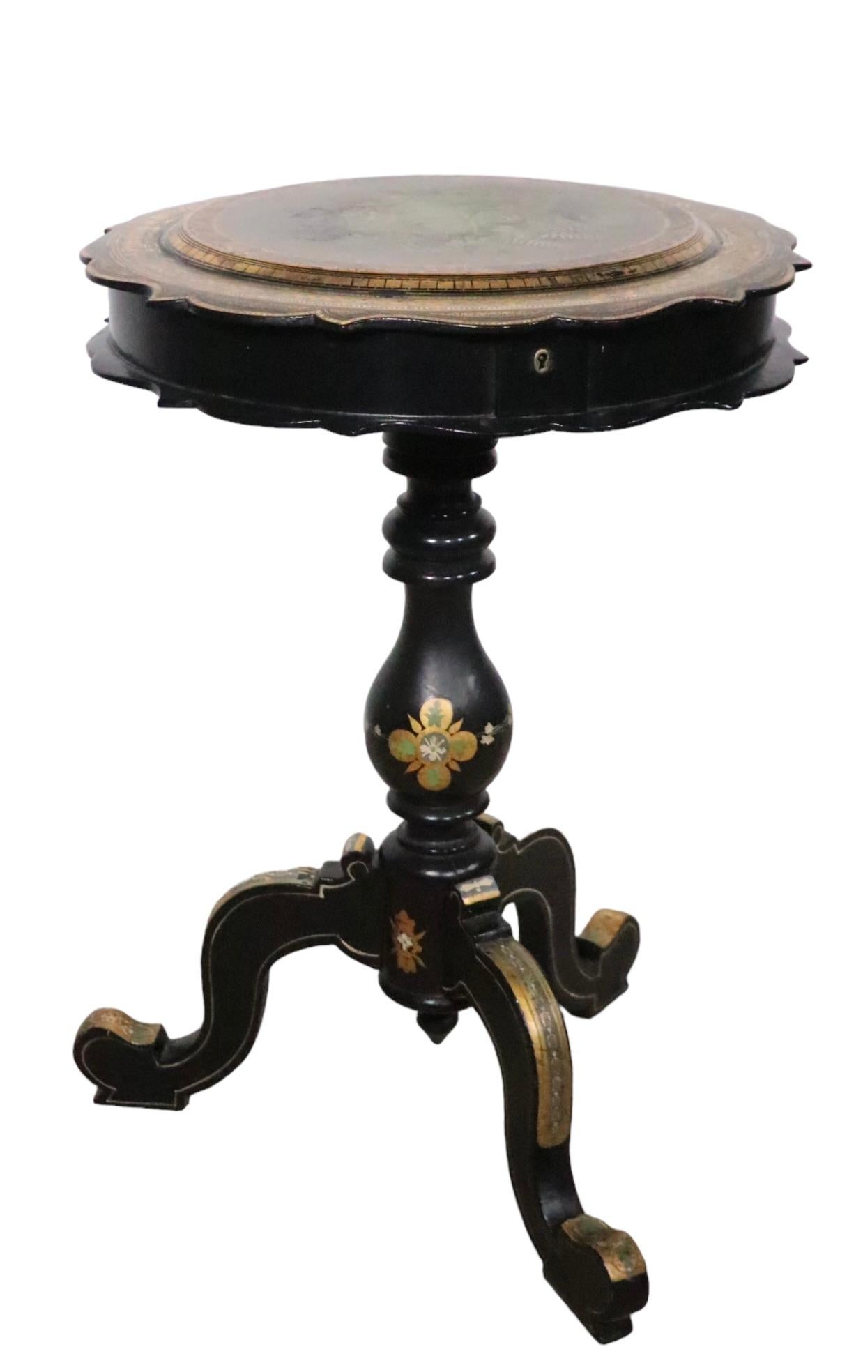 Victorian Black Lacquer Paint Decorated Sewing Stand 19th C.  For Sale 7