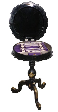 Victorian Black Lacquer Paint Decorated Sewing Stand 19th C.