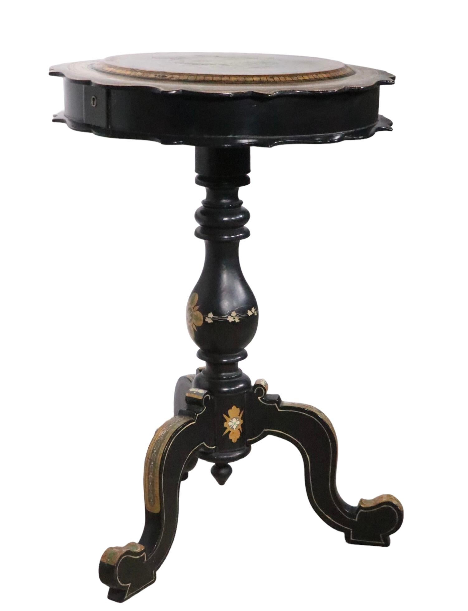 American Victorian Black Lacquer Paint Decorated Sewing Stand 19th C.  For Sale