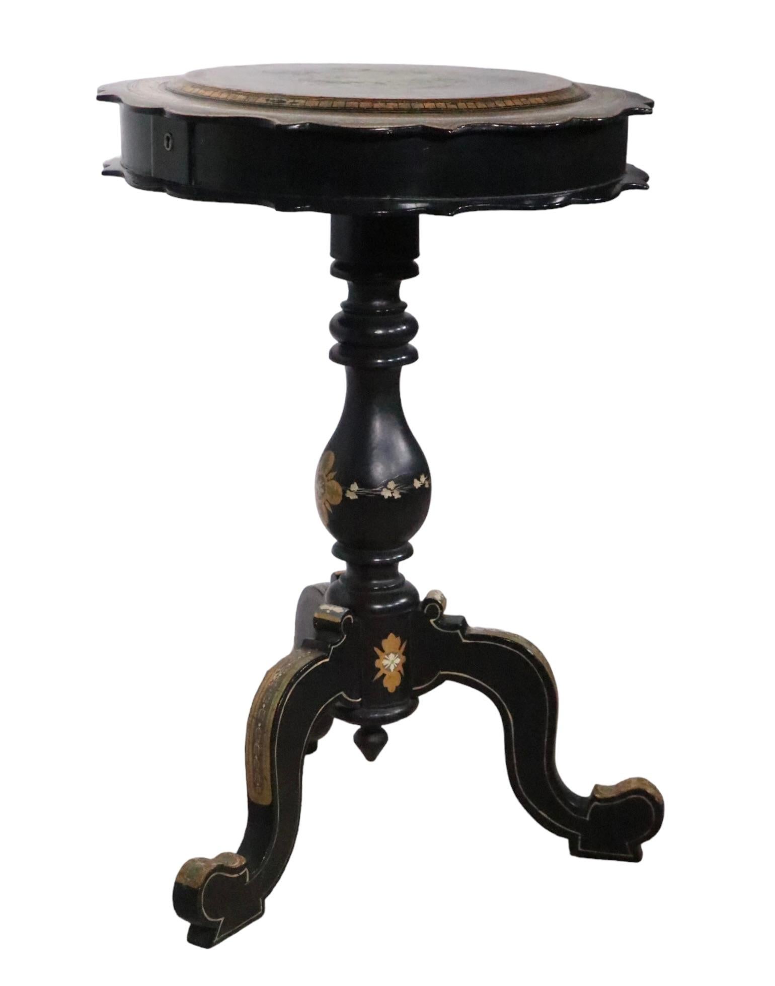 Lacquered Victorian Black Lacquer Paint Decorated Sewing Stand 19th C.  For Sale