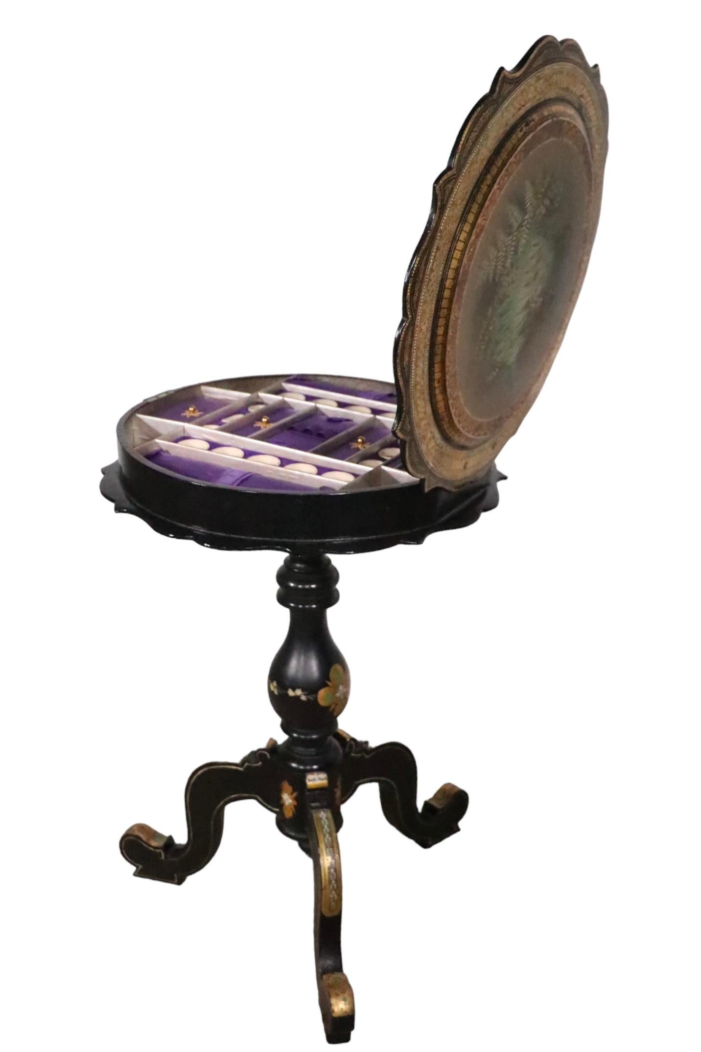 Wood Victorian Black Lacquer Paint Decorated Sewing Stand 19th C.  For Sale