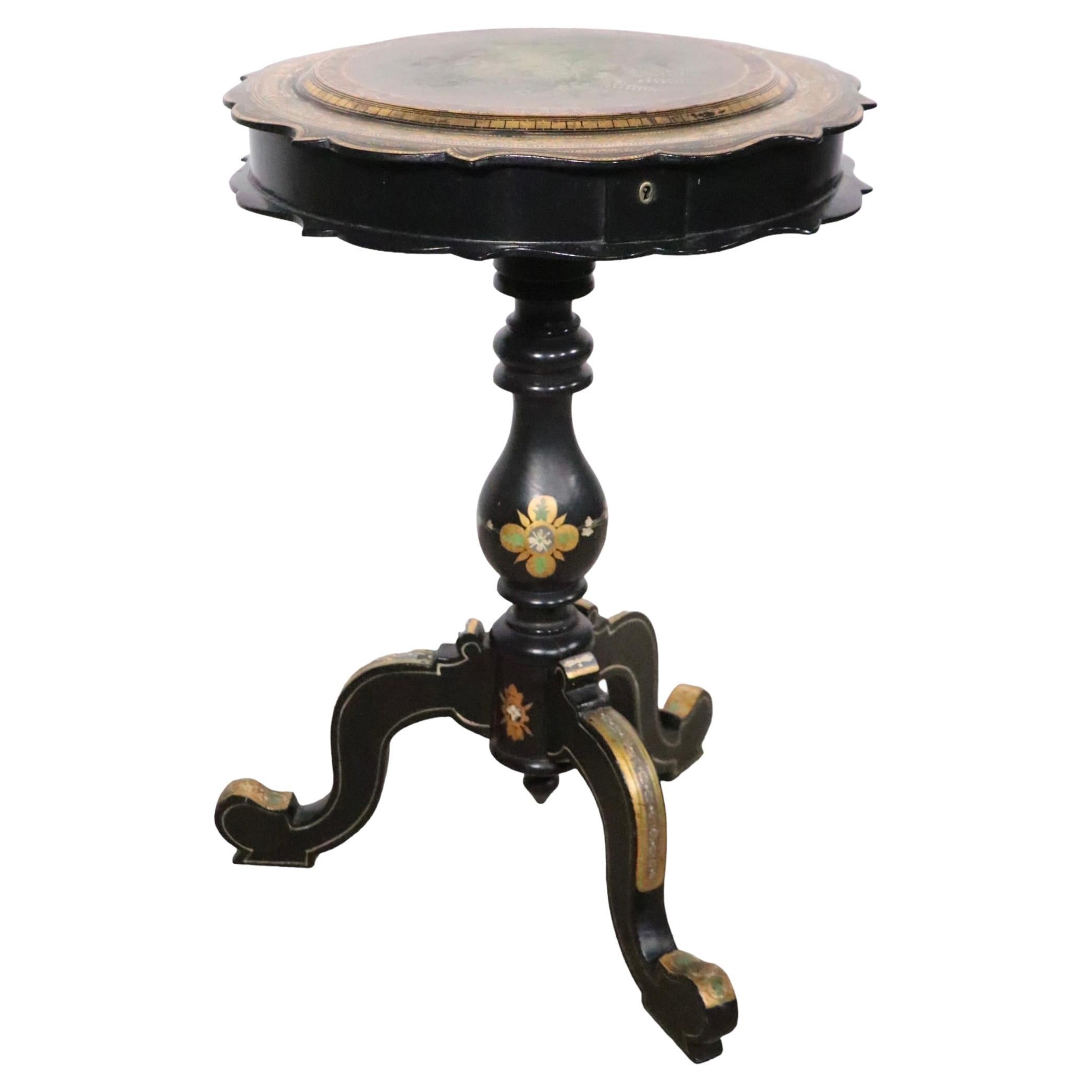 Victorian Black Lacquer Paint Decorated Sewing Stand 19th C. 