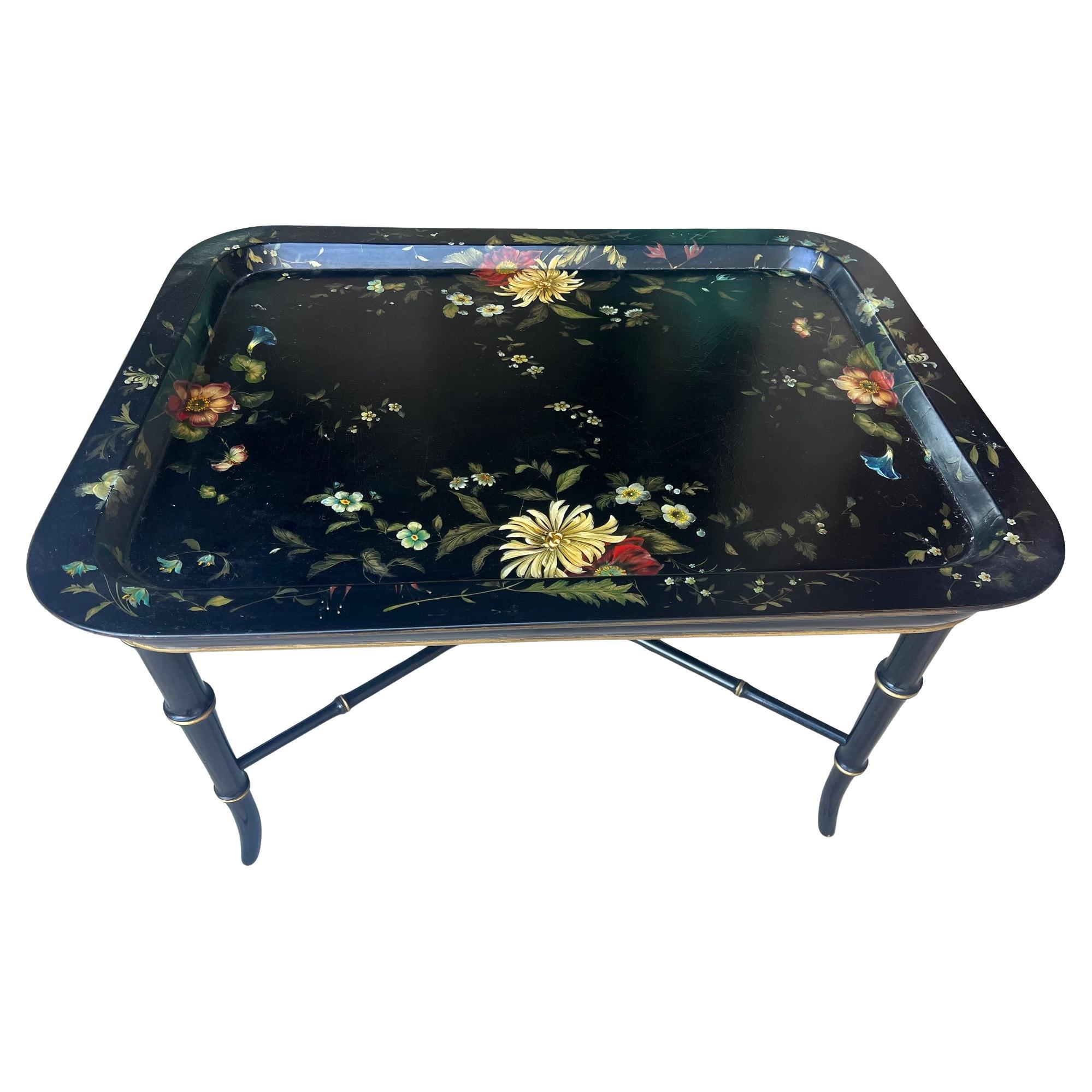 Victorian Black Lacquered Hand Painted Tray Table
