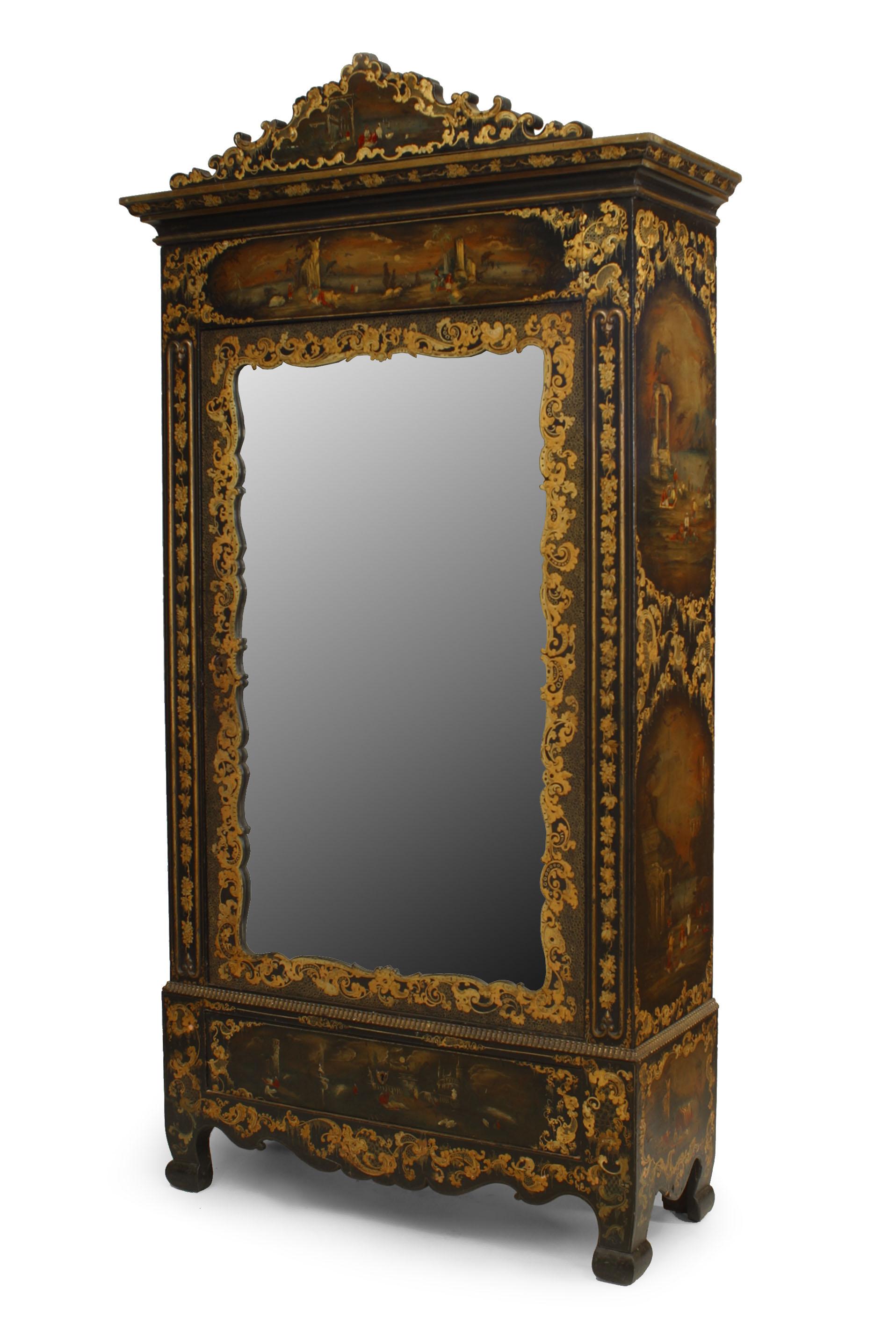 English Victorian black lacquered armoire with gilt embellishments, painted Moorish scenes, and mirrored door.