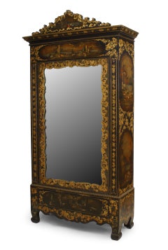 Victorian Black Lacquered Mirrored Armoire with Gilt Embellishments