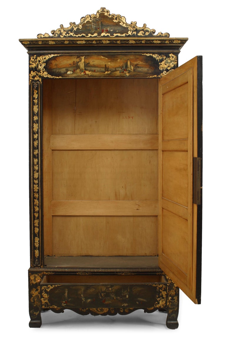 Victorian Black Lacquered Mirrored Armoire with Gilt Embellishments For