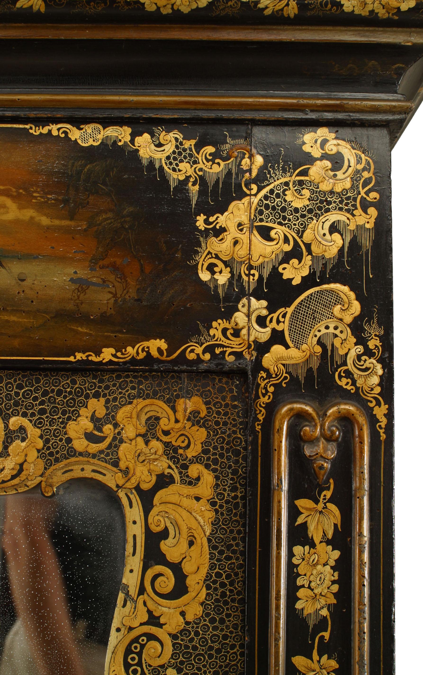 Giltwood Victorian Black Lacquered Mirrored Armoire with Gilt Embellishments For Sale