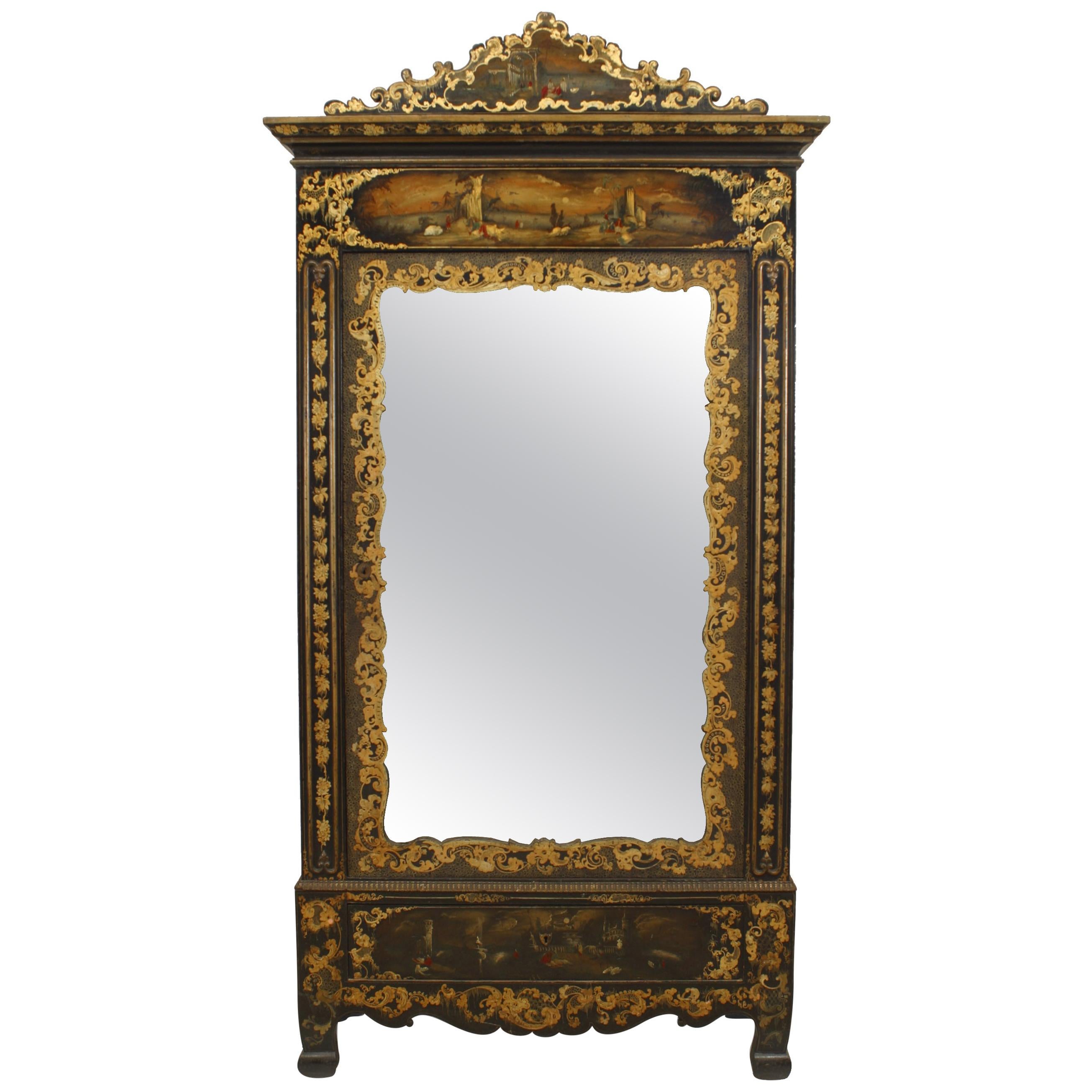 Victorian Black Lacquered Mirrored Armoire with Gilt Embellishments