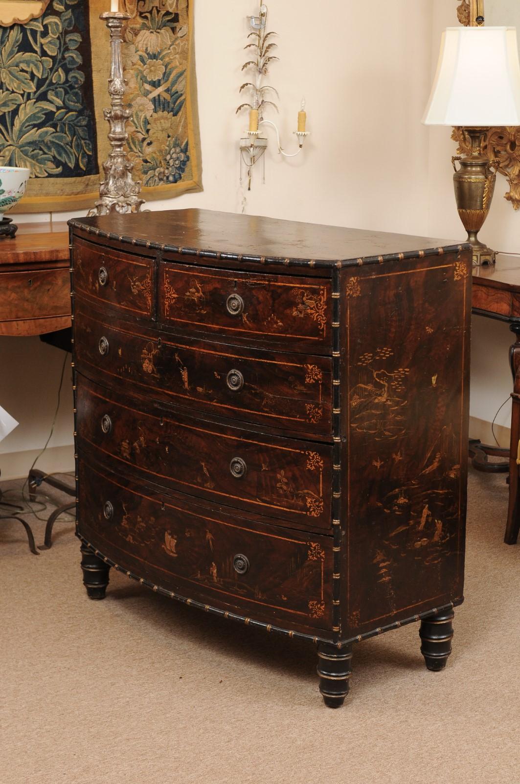 Victorian Black Lacquered & Parcel-Gilt Faux Painted Chinoiserie D-Shaped Chest 8
