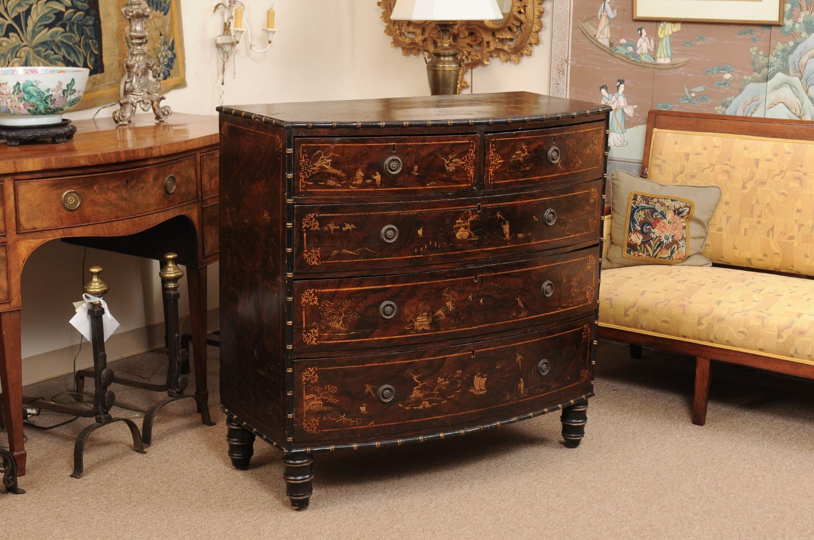 English Victorian Black Lacquered & Parcel-Gilt Faux Painted Chinoiserie D-Shaped Chest