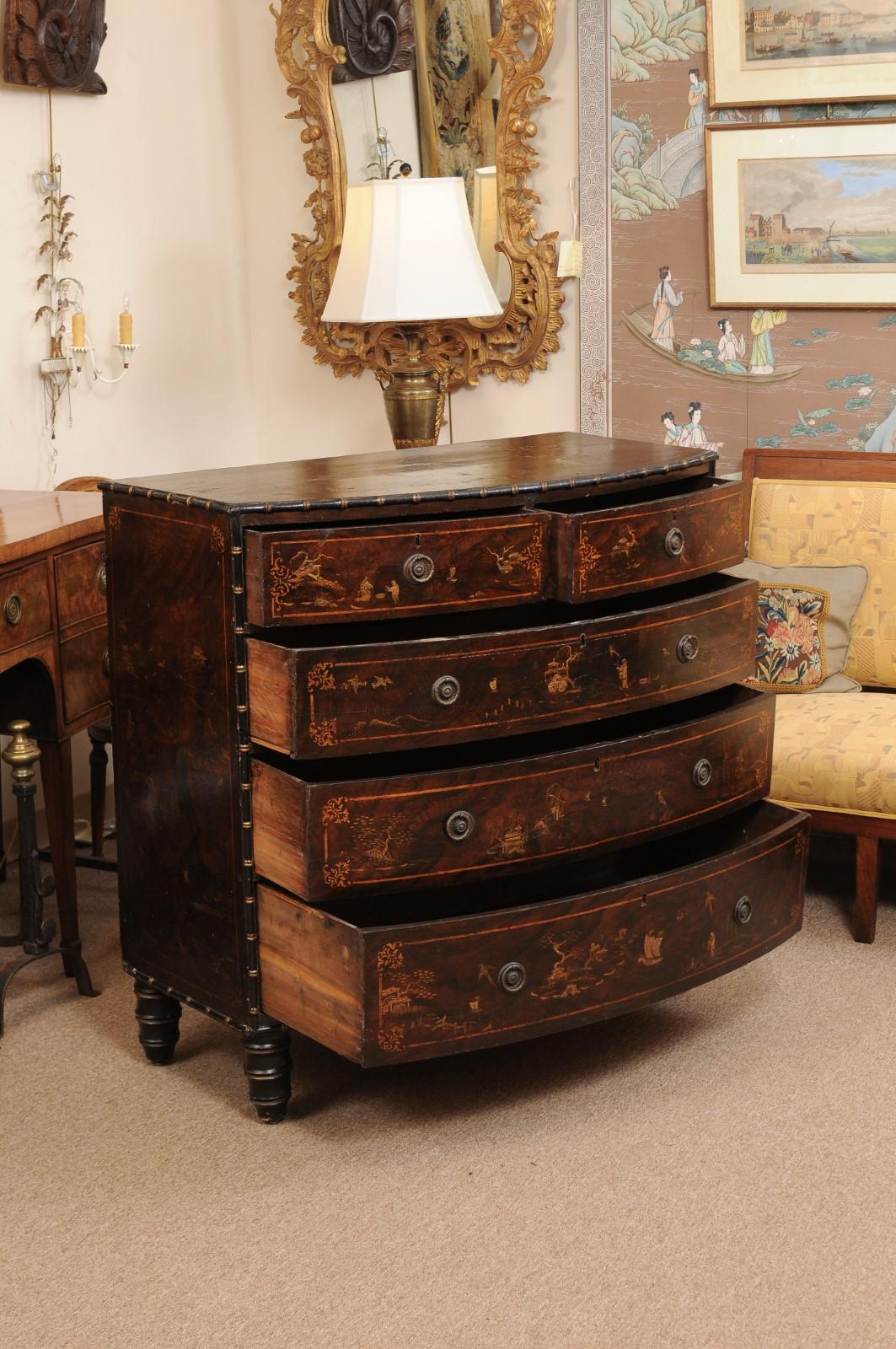 Victorian Black Lacquered & Parcel-Gilt Faux Painted Chinoiserie D-Shaped Chest In Good Condition In Atlanta, GA