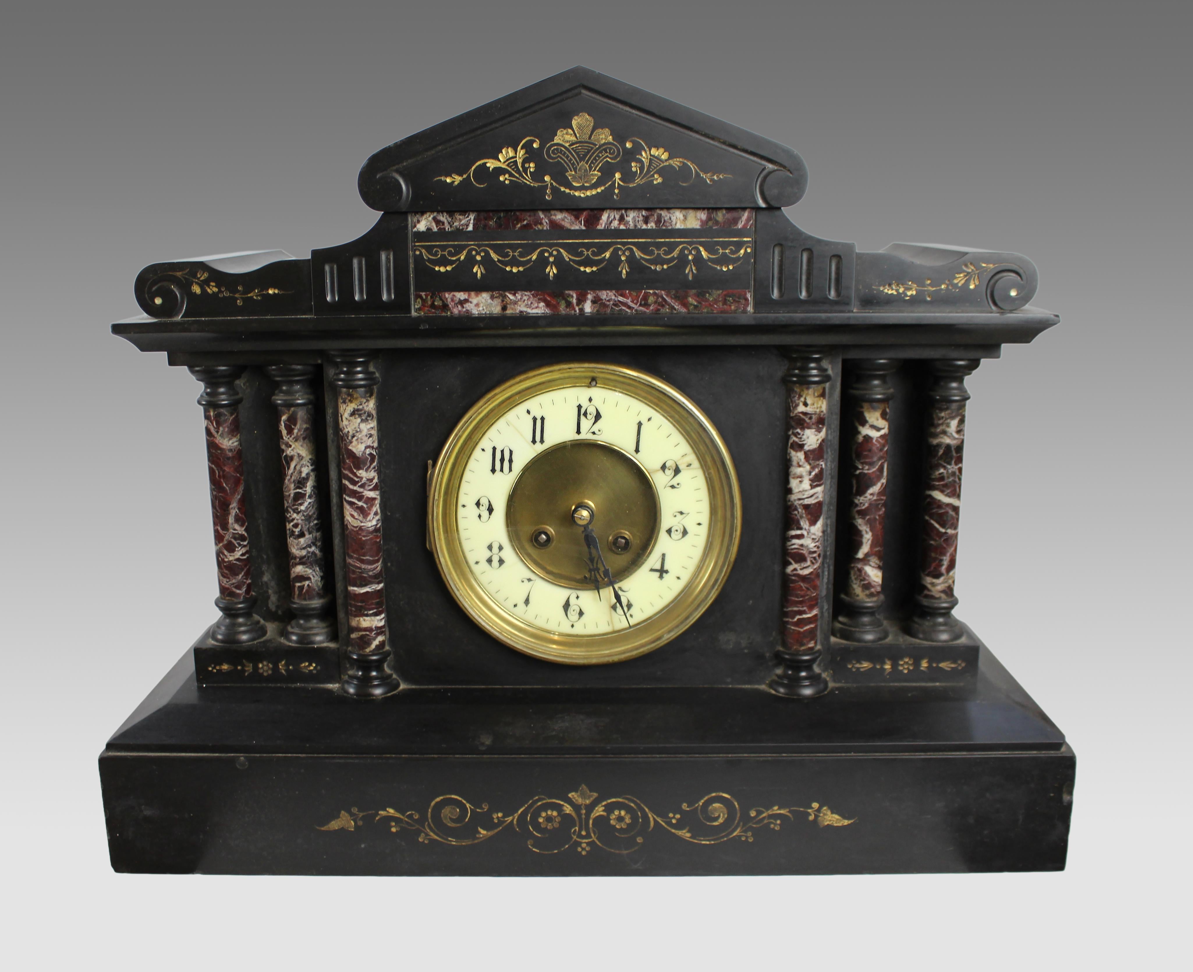 Victorian Black Marble Mantel Clock with Rouge Marble Columns, Attributed to F. Marti, France, c.1860
A handsome mid-19th century French mantel clock housed in a finely constructed English black marble architectural case of Palladian form. The case