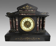 Victorian Black Marble Mantel Clock with Rouge Marble Columns c.1860