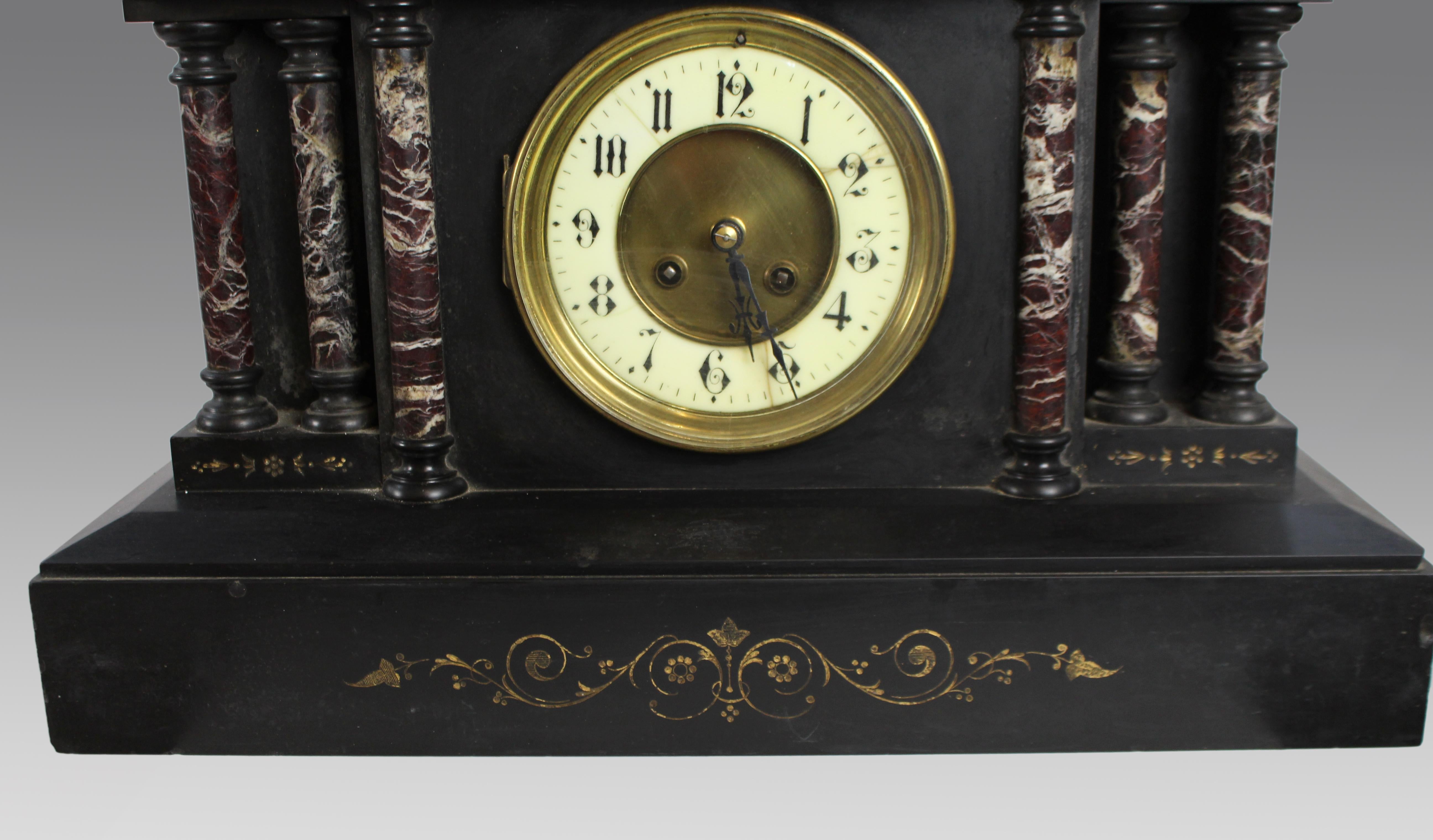 French Victorian Black Marble Mantel Clock with Rouge Marble Columns c.1860 For Sale