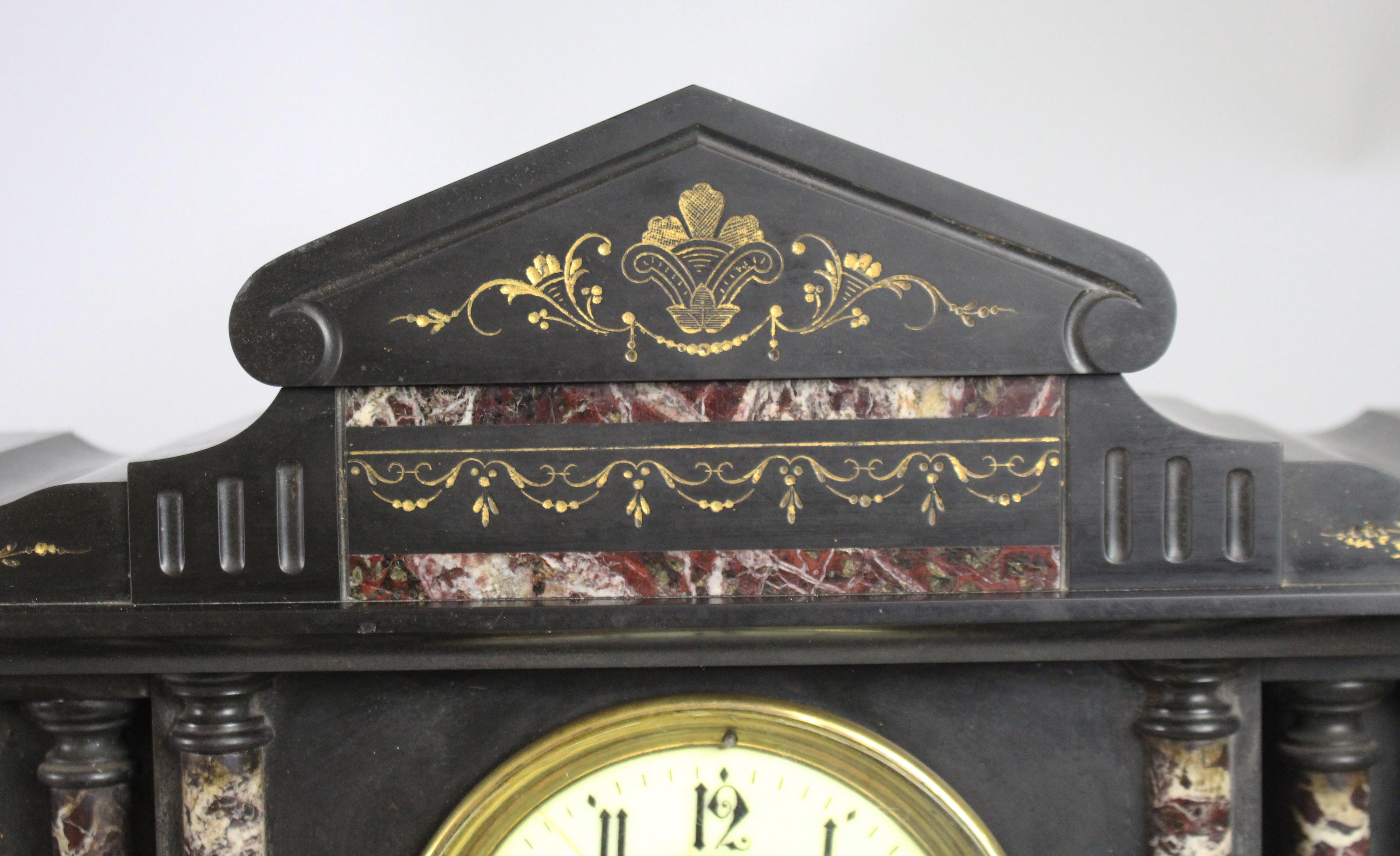 19th Century Victorian Black Marble Mantel Clock with Rouge Marble Columns c.1860 For Sale