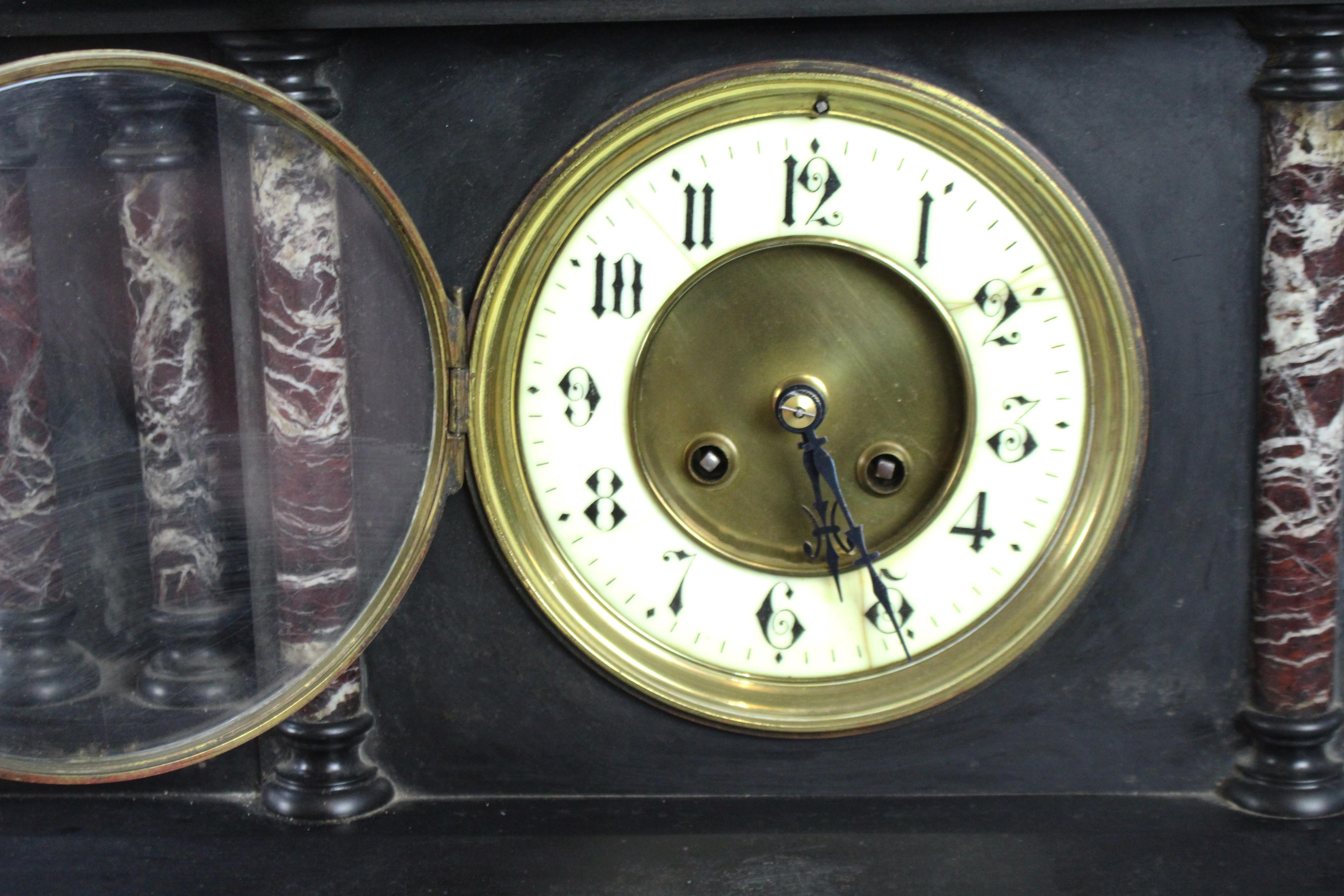 Belgian Black Marble Victorian Black Marble Mantel Clock with Rouge Marble Columns c.1860 For Sale