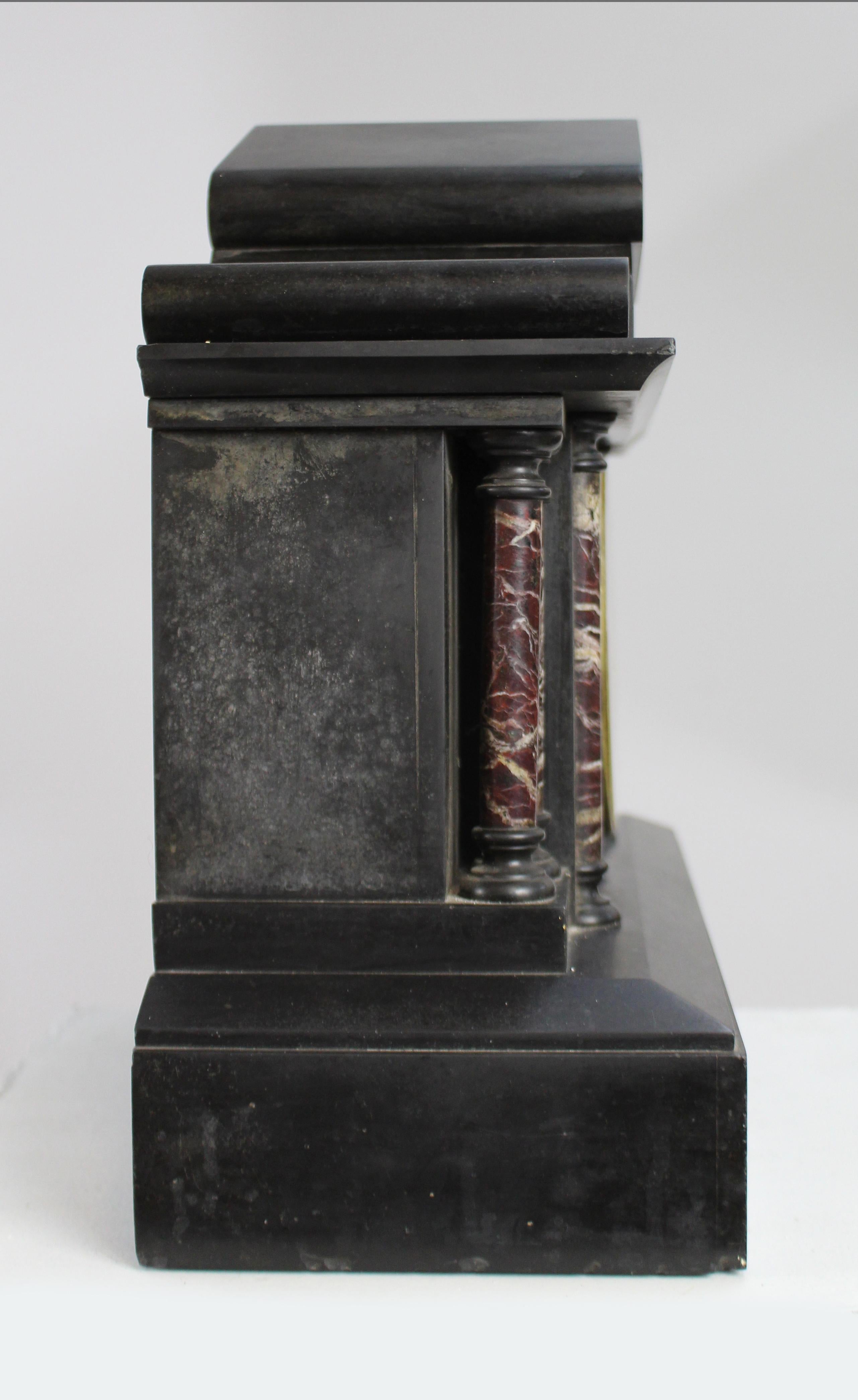 Victorian Black Marble Mantel Clock with Rouge Marble Columns c.1860 For Sale 1