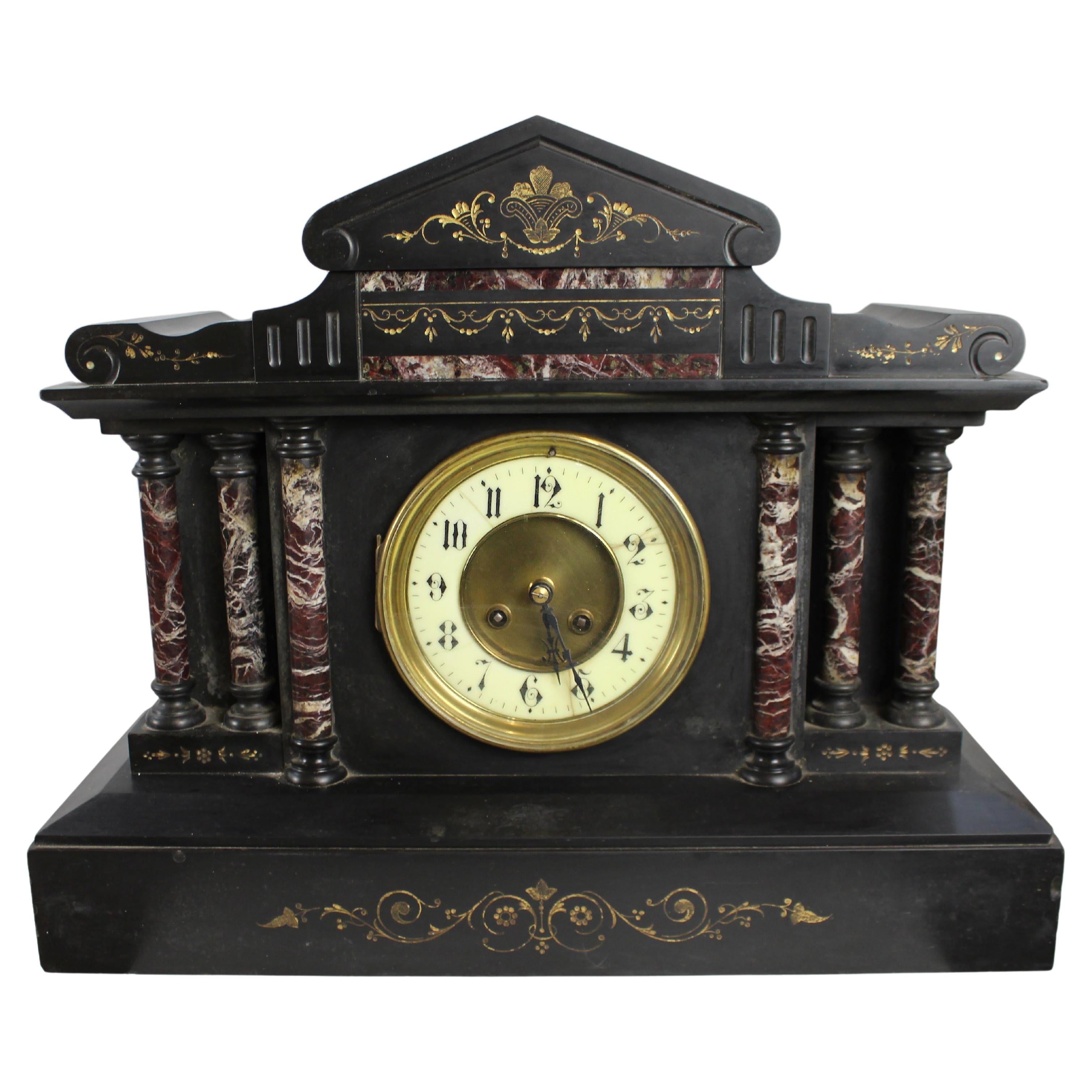 Victorian Black Marble Mantel Clock with Rouge Marble Columns c.1860 For Sale