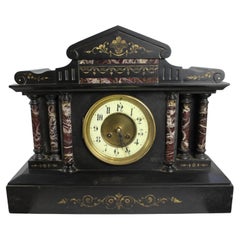Antique Victorian Black Marble Mantel Clock with Rouge Marble Columns c.1860