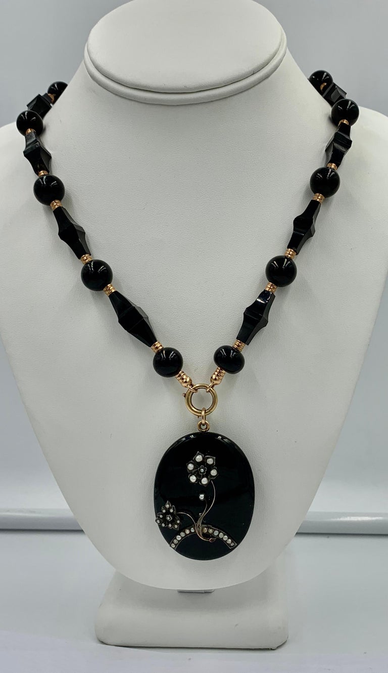 Victorian Black Onyx 14k Gold Locket Necklace Flower Motif Pearl, Circa 1860 For Sale 6