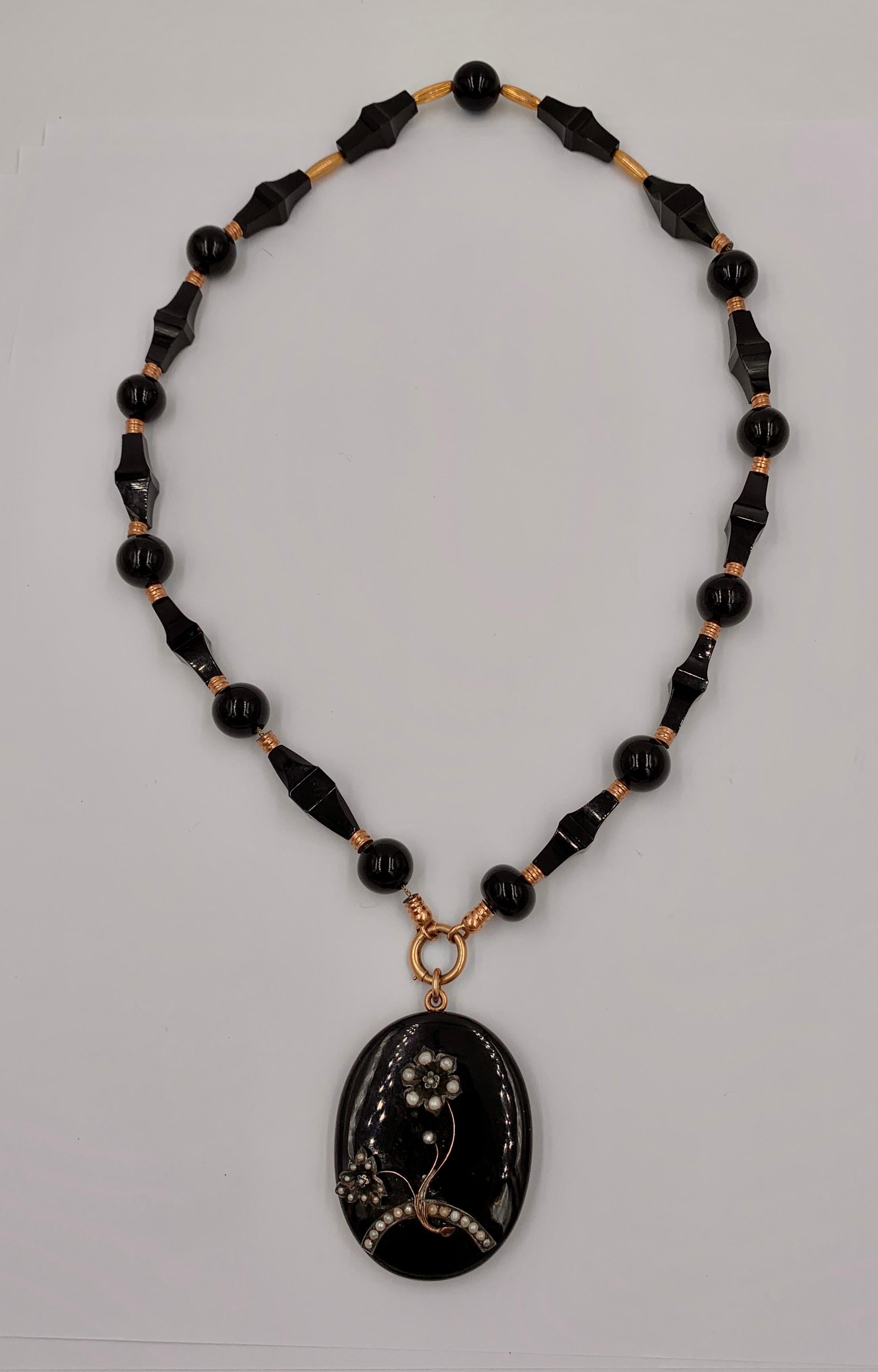 Victorian Black Onyx 14k Gold Locket Necklace Flower Motif Pearl, Circa 1860 For Sale 5