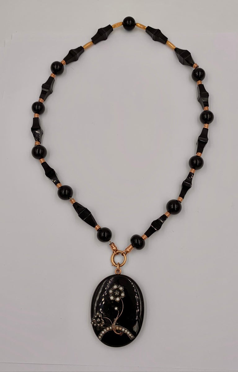 Victorian Black Onyx 14k Gold Locket Necklace Flower Motif Pearl, Circa 1860 For Sale 8