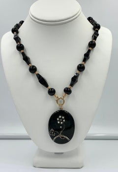 Victorian Black Onyx 14k Gold Locket Necklace Flower Motif Pearl, Circa 1860