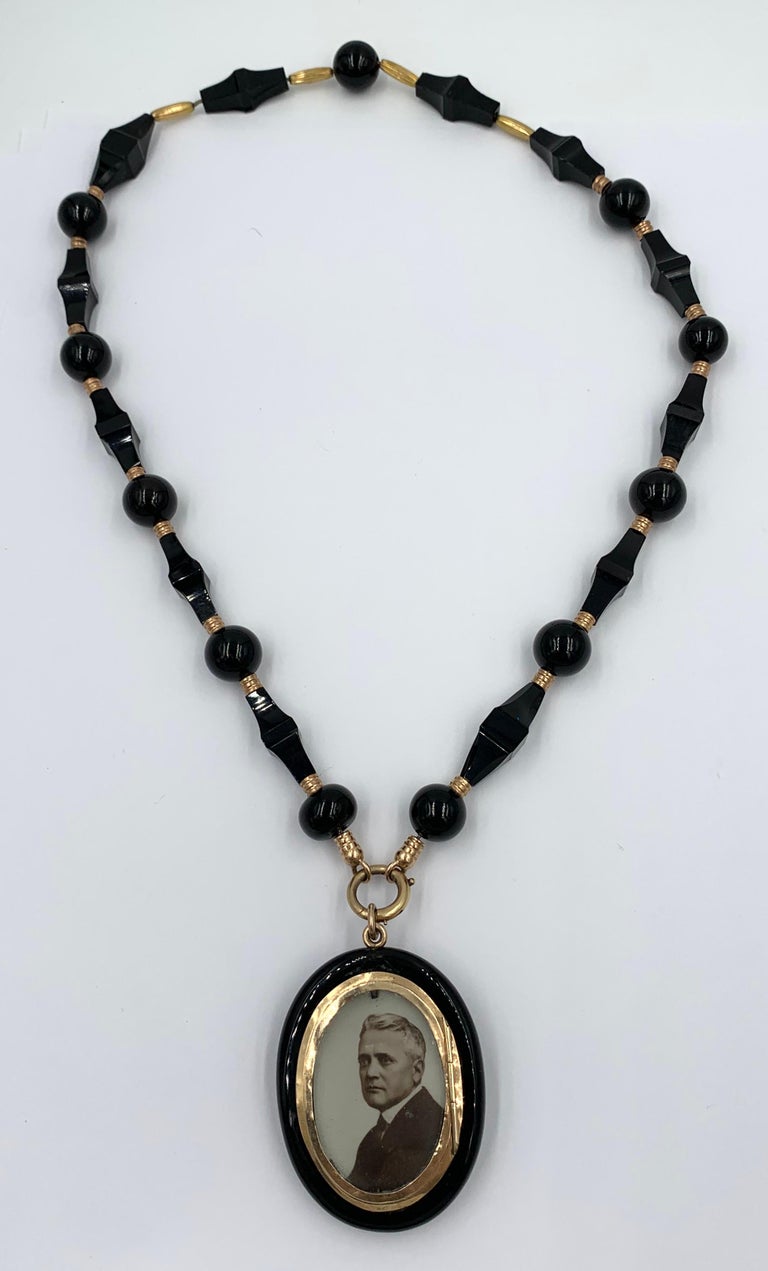 Round Cut Victorian Black Onyx 14k Gold Locket Necklace Flower Motif Pearl, Circa 1860 For Sale