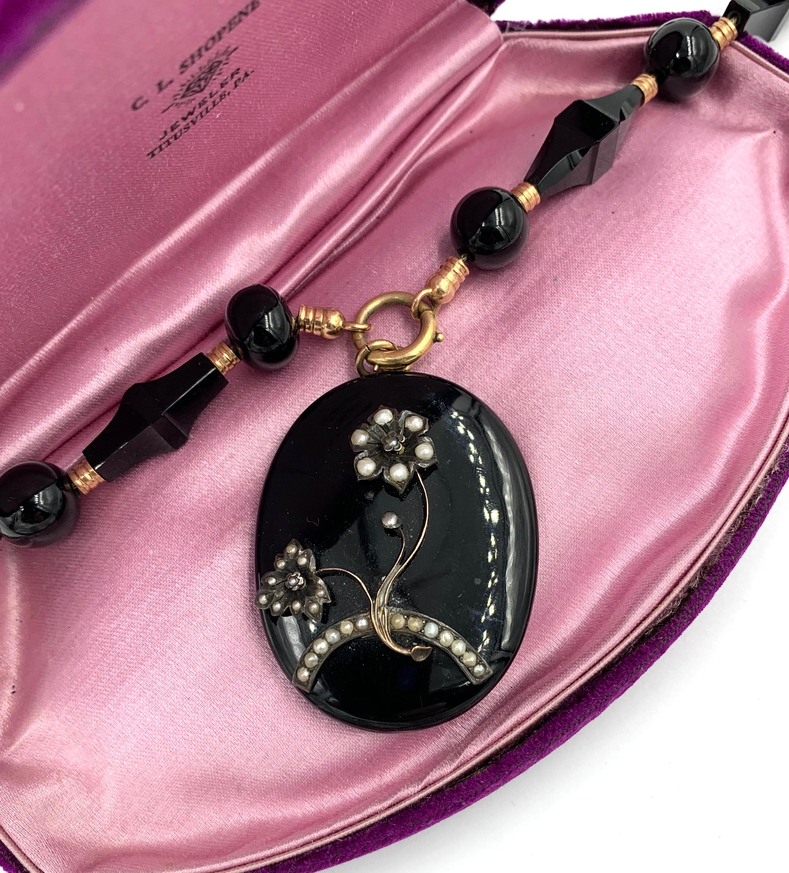 Women's Victorian Black Onyx 14k Gold Locket Necklace Flower Motif Pearl, Circa 1860 For Sale