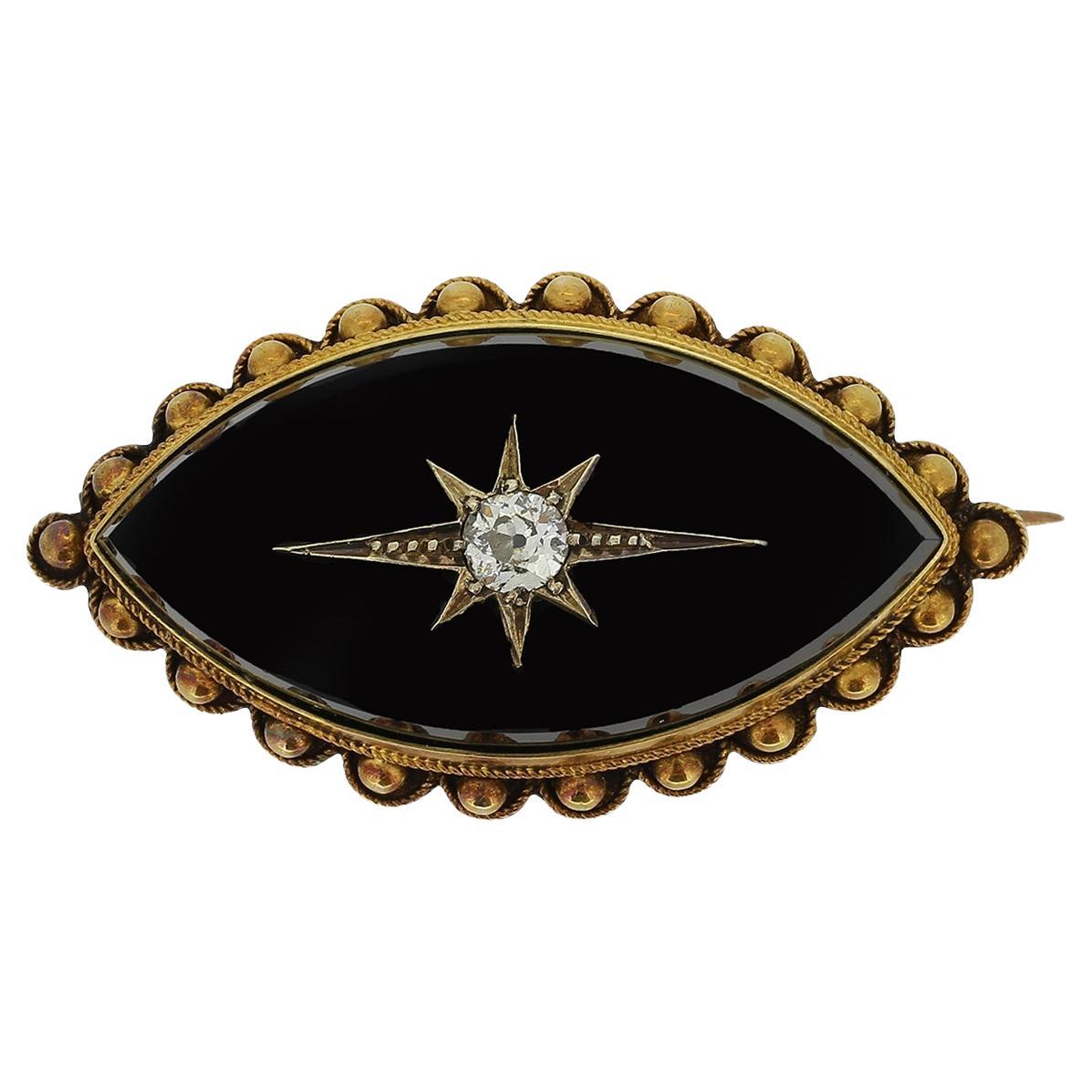 Victorian Black Onyx and Diamond Mourning Brooch For Sale