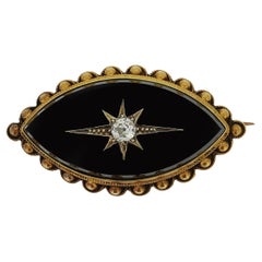 Victorian Black Onyx and Diamond Mourning Brooch