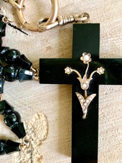 Victorian Black Onyx and Pearl Cross Pendant with Onyx and 14 Karat Gold Chain