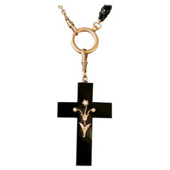 Victorian Black Onyx and Pearl Cross Pendant with Onyx and 14 Karat Gold Chain