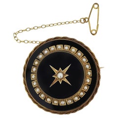 Victorian Black Onyx and Pearl Mourning Brooch
