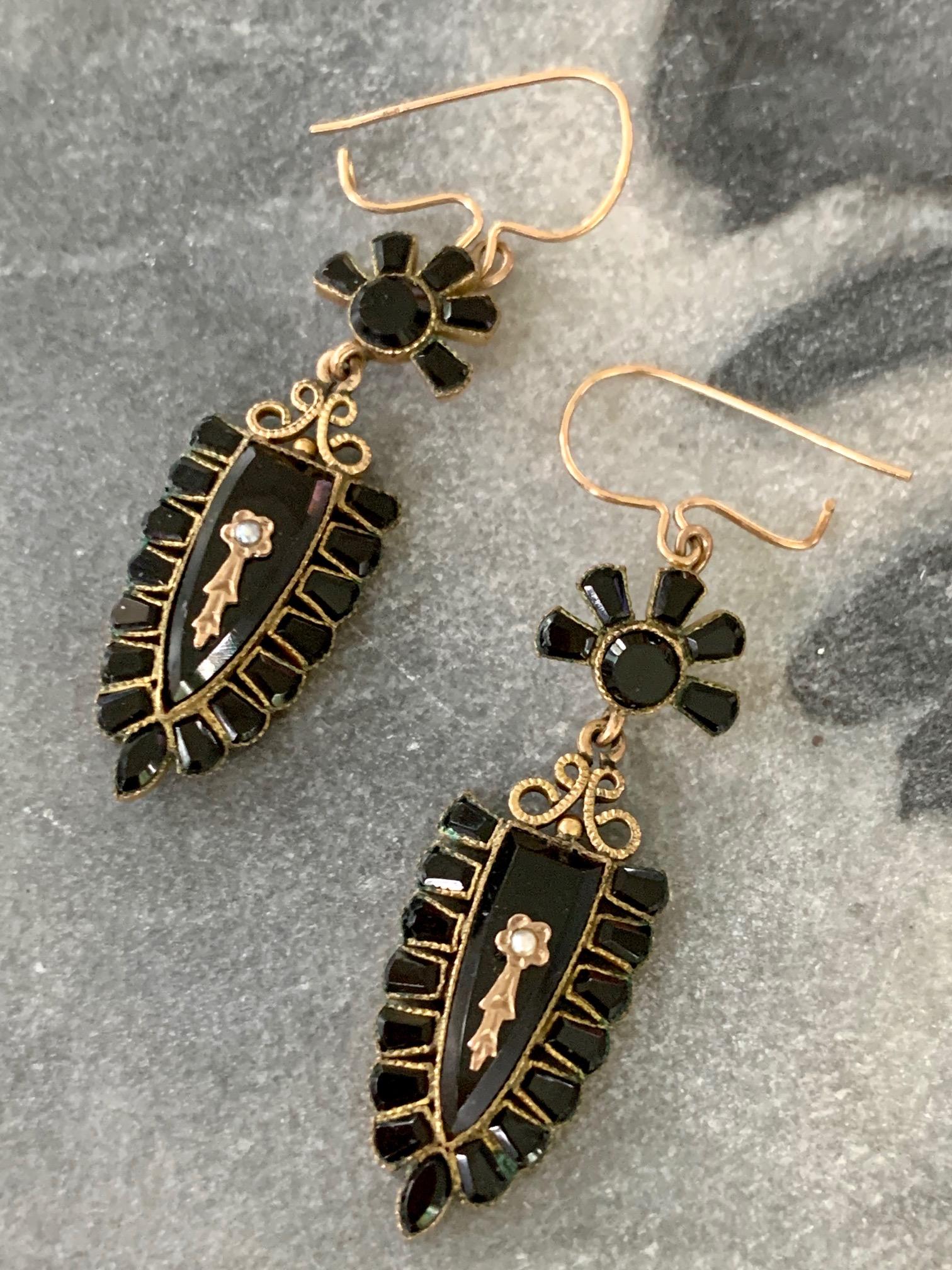 Victorian Black Onyx and Seed Pearl Gold Filled Dangle Earrings In Good Condition For Sale In St. Louis Park, MN