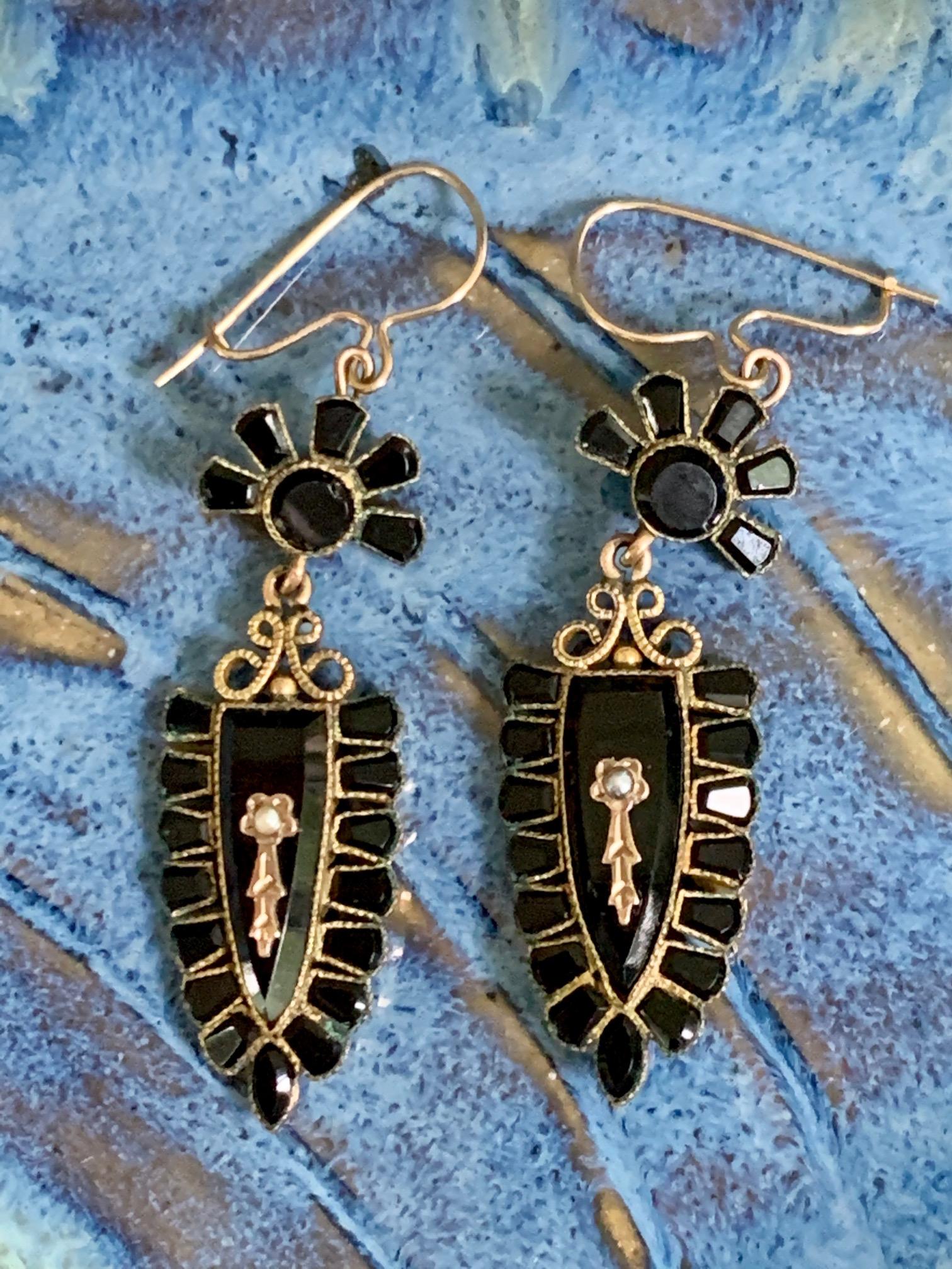Women's or Men's Victorian Black Onyx and Seed Pearl Gold Filled Dangle Earrings For Sale