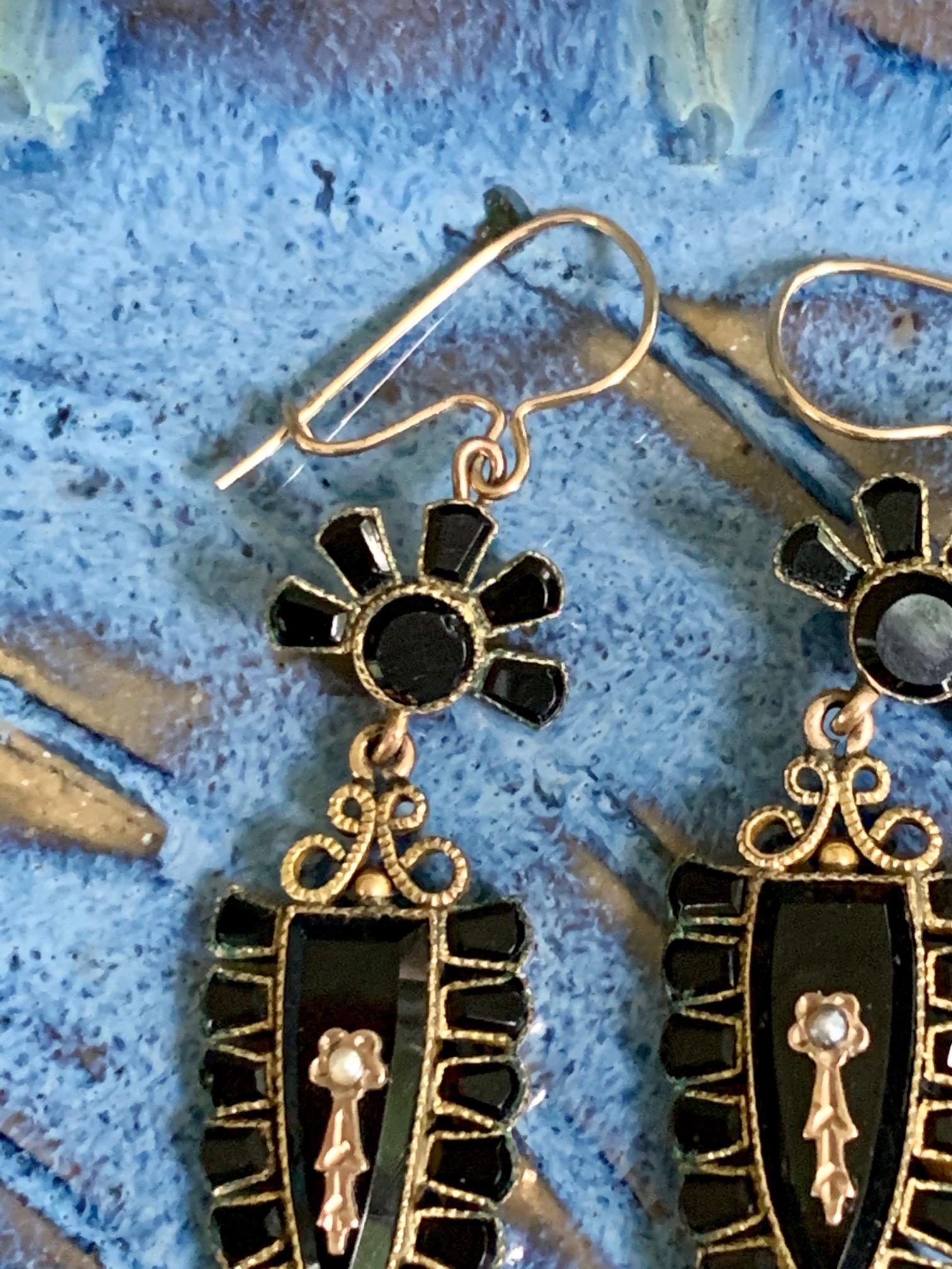 Victorian Black Onyx and Seed Pearl Gold Filled Dangle Earrings For Sale 1