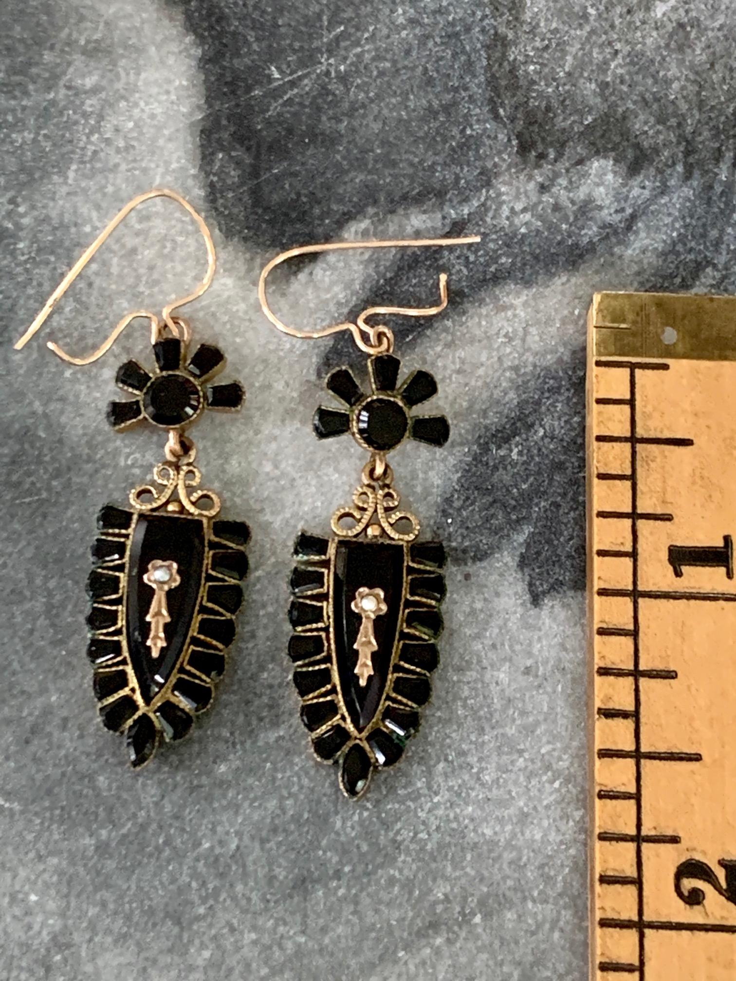 Victorian Black Onyx and Seed Pearl Gold Filled Dangle Earrings For Sale 3