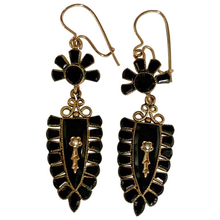 Victorian Black Onyx and Seed Pearl Gold Filled Dangle Earrings For ...