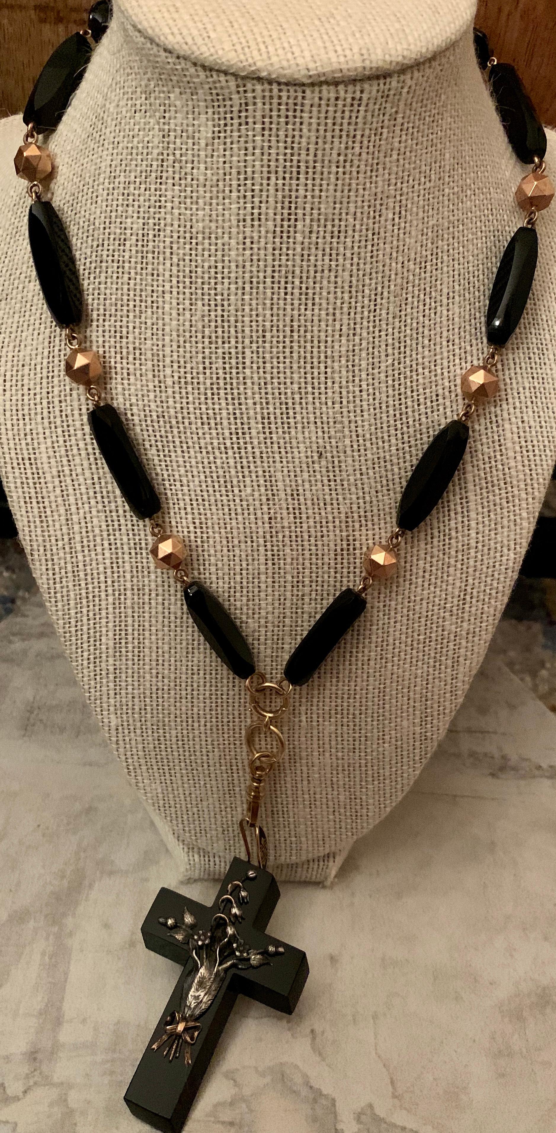 Victorian Black Onyx Cross with Silver Design and 14 Karat Gold and Onyx Chain 3