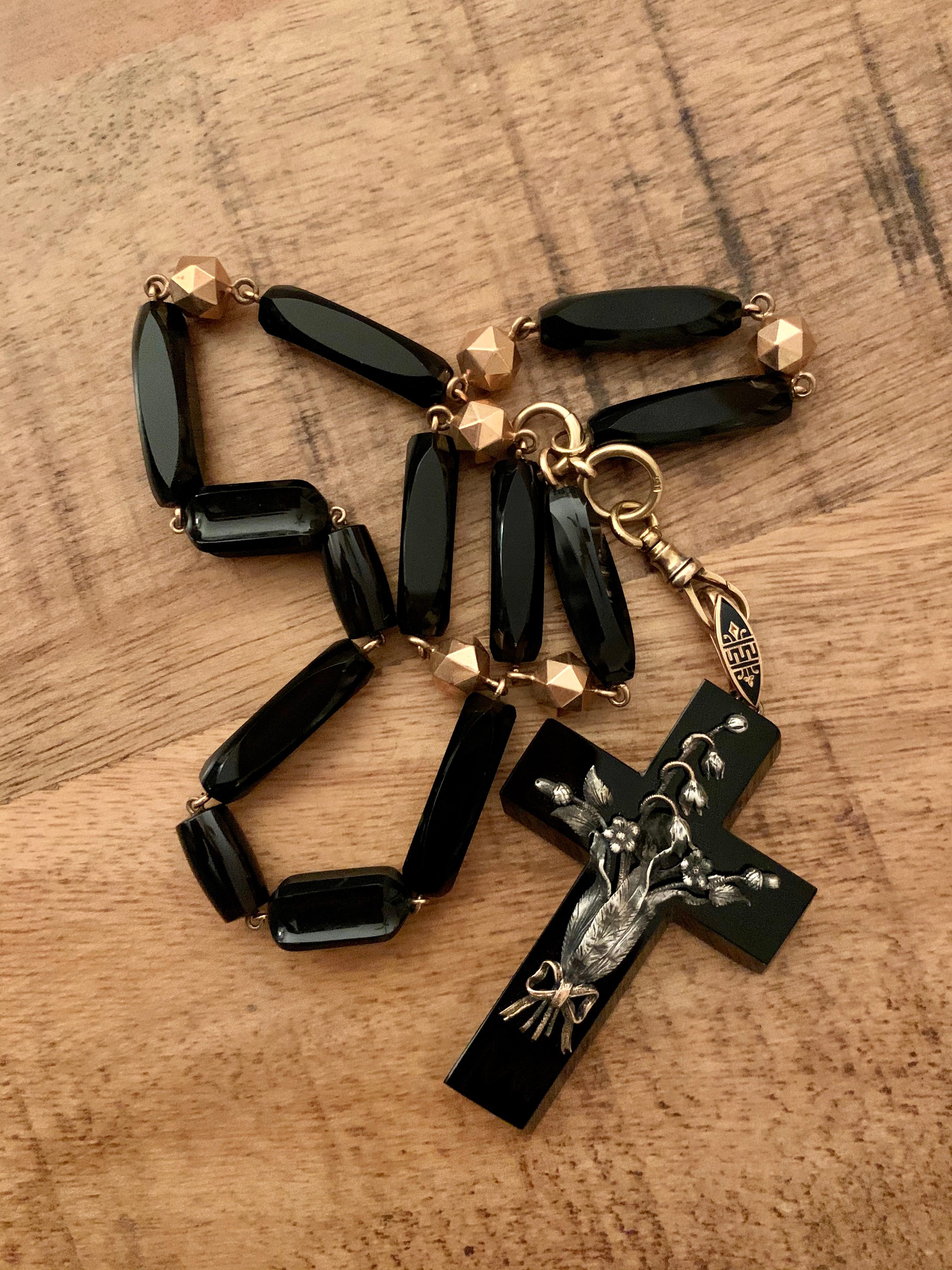 Mixed Cut Victorian Black Onyx Cross with Silver Design and 14 Karat Gold and Onyx Chain
